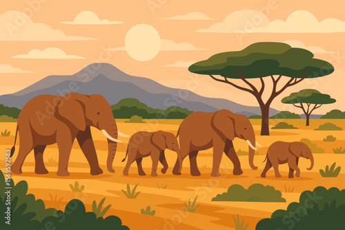 African Elephants Family Walking in Savannah. Wildlife Safari Adventure. Majestic Elephants Herd. African Landscape with Acacia Trees, Mountains, Sunset. Modern Flat Vector Cartoon Illustration