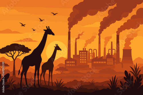 African Savanna Giraffes at Sunset, Industrial Pollution, Environmental Protection, Factory Emissions, Wildlife Habitat Loss, Nature Conservation Concept