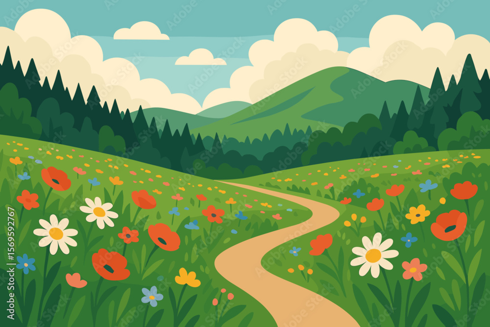 Fototapeta premium Scenic Hiking Trail Through Wildflower Meadow, Rolling Hills, Pine Forest, Blue Sky, Modern Flat Vector Illustration, Nature Landscape, Outdoor Adventure, Spring Summer Field