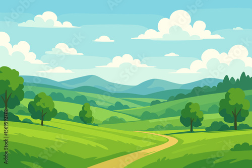 Idyllic Summer Landscape with Green Meadows, Rolling Hills, Trees, Blue Mountains, and Scenic Path Under Cloudy Sky, Nature Vector Illustration