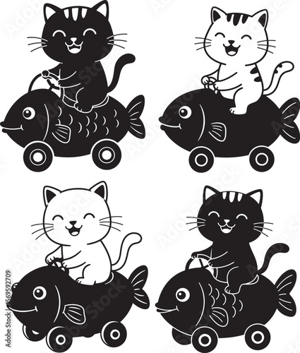 Cat Riding Fish Car Toy Cartoon silhouette