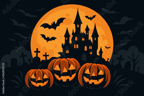 Halloween Night Scene with Glowing Jack-o’-Lanterns, Haunted Castle, Bats, Cemetery, Spooky Full Moon, Festive Banner, Poster, Vector Illustration