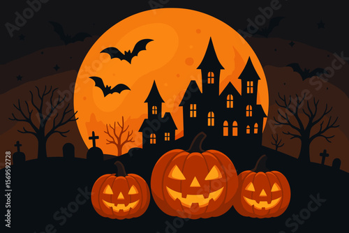 Halloween Night Scene with Glowing Jack-o’-Lantern Pumpkins, Haunted House, Bats, Graveyard, Bare Trees, and Large Orange Full Moon. Spooky Vector Illustration for Festive Poster, Banner, or Flyer