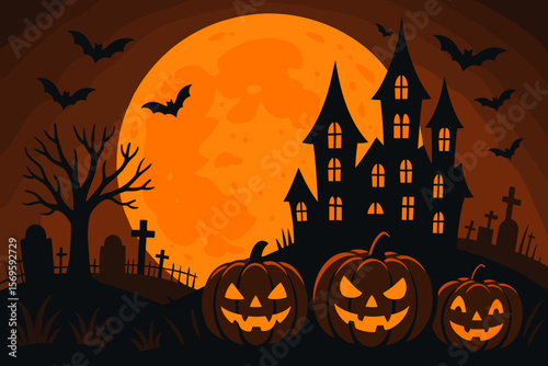 Spooky Halloween Night Scene with Glowing Jack-o’-Lantern Pumpkins, Haunted House, Bats, Graveyard, Bare Tree, Full Orange Moon, Festive Vector Banner Illustration
