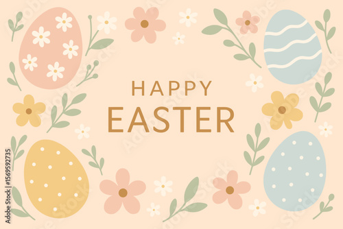 Happy Easter Greeting Card Background, Minimal Pastel Eggs and Flowers, Spring Holiday Banner, Festive Poster, Modern Vector Illustration, Floral Decorative Design