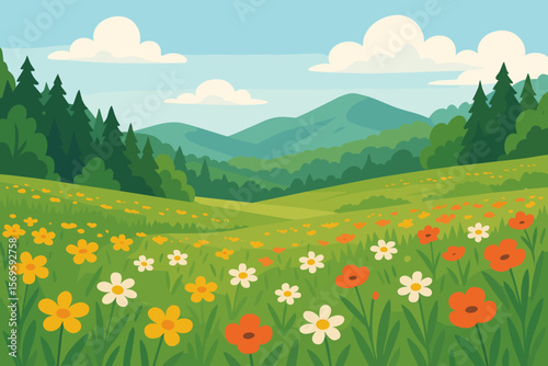 Vibrant Wildflower Meadow Landscape, Rolling Hills, Pine Forest, Hiking Nature Scene, Spring Summer Field, Flat Vector Cartoon Illustration, Outdoor Adventure Concept