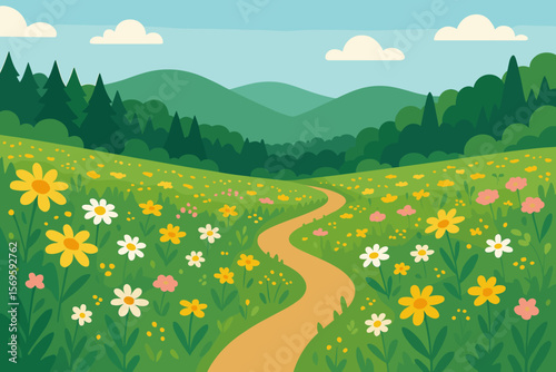 Scenic Hiking Trail Through Wildflower Meadow, Vibrant Spring Landscape, Rolling Hills, Forest, Blue Sky, Flat Vector Cartoon Illustration
