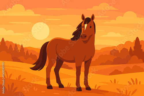 Majestic Brown Horse at Sunset in Rolling Meadow Landscape, Flat Vector Illustration, Serene Countryside, Peaceful Nature, Forest Horizon, Warm Golden Light