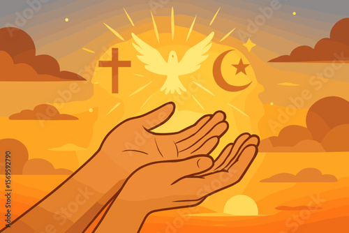 Open Hands Praying at Sunset, Religious Unity, Forgiveness, Blessing, Peace, Cross, Crescent, Dove, Spiritual Hope, Interfaith Harmony, Flat Vector Illustration