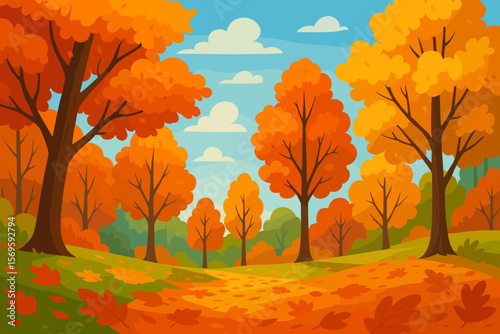 Autumn Forest Landscape with Colorful Trees, Falling Leaves, Blue Sky, Clouds, Nature Scenery, Seasonal Woodland, Vibrant Foliage, Tranquil Park, Idyllic Fall Day, Vector Illustration