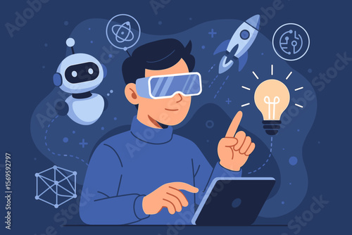 Futuristic Innovation Technology Concept. Artificial Intelligence Robot, Rocket Launch, Virtual Reality, Light Bulb Idea, Tablet, Science, Digital Transformation, Modern Vector Illustration