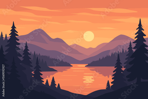 Serene Mountain Lake Sunrise Sunset Landscape. Pine Forest Silhouettes. Tranquil Water Reflection. Majestic Mountains. Modern Flat Vector Illustration. Nature Scenery. Wilderness Adventure.