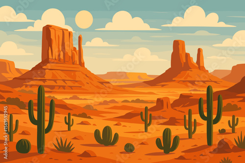 Monument Valley Desert Landscape. Wild West Sandstone Buttes, Cacti, Saguaro, Red Rock Formations, Arid Scenery, Southwest USA, Flat Vector Illustration, Western Nature, Sunny Sky