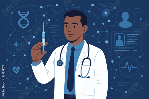 Medical Doctor Holding Syringe with Stethoscope, Digital Healthcare Network, DNA, Virtual Medical Interface, Electronic Health Data, Modern Medicine Concept