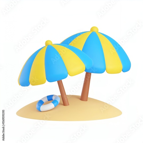 Delightful 3D rendered illustration of two beach umbrellas with blue and yellow stripes, a lifebuoy, and sand, perfect for summer, vacation, and relaxation themes.