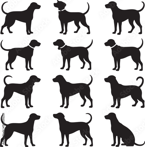 Black dog silhouettes various poses canine animal
