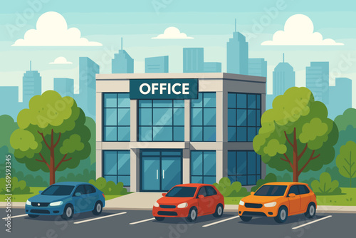 Modern Office Building with Glass Facade, Lush Green Trees, Parking Lot, and City Skyline in Background, Urban Business District, Flat Vector Illustration