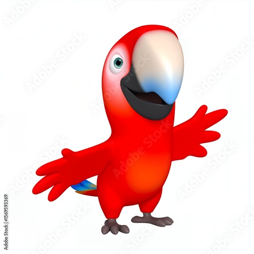 Cheerful cartoon illustration of a vibrant red parrot with outstretched wings, a large white beak, and bright blue eyes, standing confidently on a white background.
