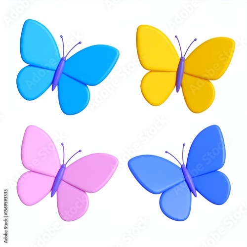 Four vibrant, colorful, and stylized cartoon butterflies in blue, yellow, pink, and light blue isolated on a clean white background, a cheerful and playful illustration.