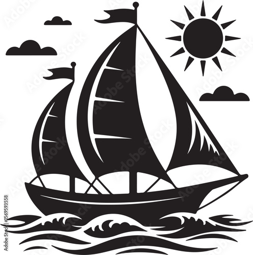 Black sailboat silhouette on wavy water under sun and clouds white