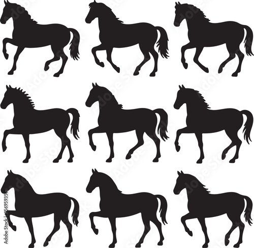Black horse silhouettes in motion running
