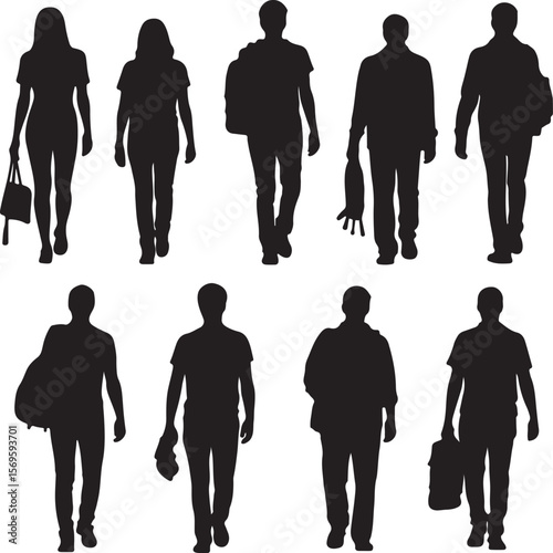 Black silhouette figures walking carrying bags people