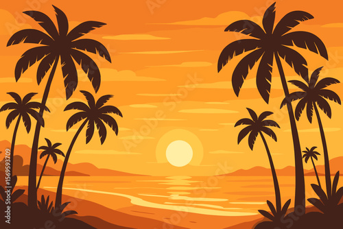 Tropical Beach Sunrise Landscape with Palm Trees, Golden Morning Sky, Seaside Horizon, Tranquil Ocean, Modern Flat Vector Illustration, Exotic Summer Paradise, Serene Coastal Scene