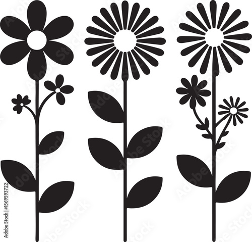 Black silhouette flowers with leaves and stems white nature