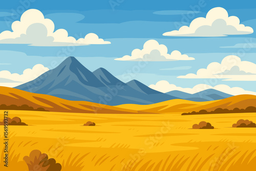Majestic Mountain Range and Golden Steppe Landscape, Scenic Travel Destination, Vast Yellow Fields, Rolling Hills, Blue Sky, Nature Tourism, Vector Illustration