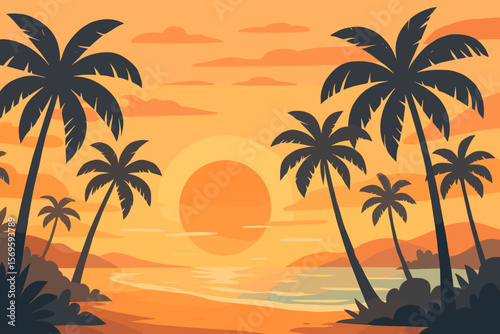 Tropical Beach Sunrise Landscape with Palm Trees, Golden Morning Sky, Seaside Horizon, Tranquil Ocean, Modern Flat Vector Illustration, Summer Vacation Paradise, Exotic Island Scenery