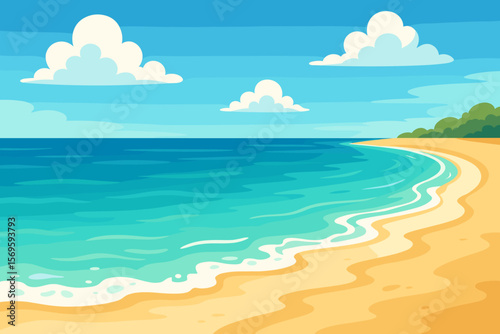 Tropical Beach Paradise, Sandy Ocean Shore, Turquoise Water, Blue Sky, White Clouds, Summer Vacation, Idyllic Seaside, Vector Landscape, Flat Cartoon Illustration