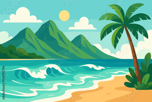 Tropical Paradise Beach with Ocean Waves, Palm Tree, Majestic Green Mountains, Sunny Sky, Flat Vector Illustration, Summer Vacation, Exotic Island Landscape, Nature Scenery, Travel Concept