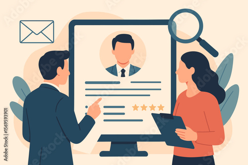 HR Recruitment Process, Resume Review and Talent Validation, Candidate Selection for Job Vacancy, Human Resources Staff Evaluating Applicants, Employment Interview, Business People