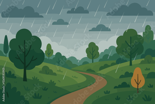 Rainy Park Landscape Vector Illustration. Cartoon Nature Scene with Trees, Path, Rainfall, Overcast Sky, Green Hills, Outdoor Weather Concept, Modern Flat Design