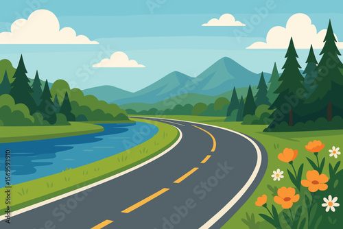 Scenic Countryside Road Along River, Forest, Wildflowers, and Mountains – Serene Rural Landscape, Curved Asphalt Highway, Nature Travel, Vector Illustration