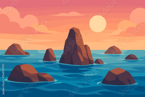 Majestic Sea Rocks at Sunset, Ocean Seascape Vector Illustration, Rocky Shoreline, Tranquil Blue Water, Pink Clouds, Coastal Landscape, Nature Serenity