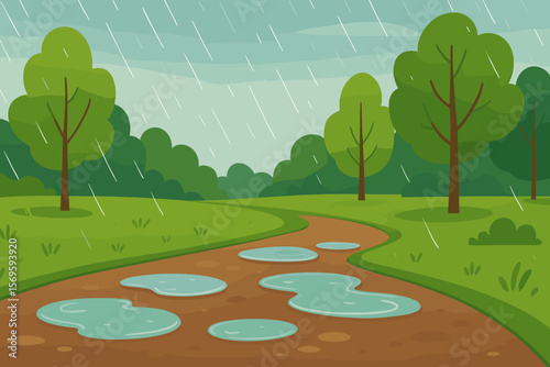 Rainy Day Forest Path with Puddles, Green Grass, Trees, Summer Weather, Nature Landscape, Wet Trail, Flat Vector Illustration