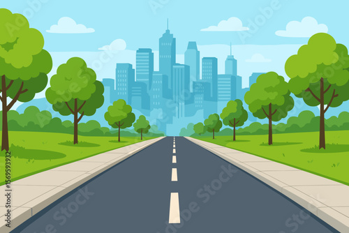 Urban Cityscape Avenue with Sidewalks, Curbs, Lush Green Trees, Grassy Park, Marked Road Leading to Modern Skyscrapers, Suburban Route to Downtown Metropolis