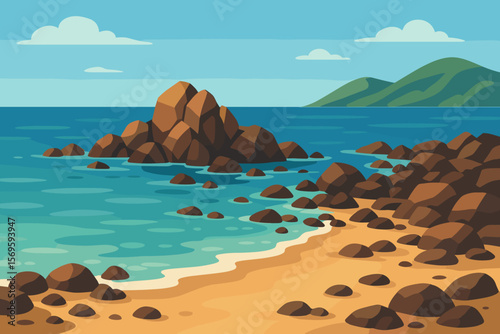 Rocky Beach Shoreline Landscape. Coastal Seaside with Large Rocks, Sandy Beach, Blue Ocean, Distant Green Hills, Clouds. Modern Flat Vector Illustration. Nature, Travel, Summer, Tranquil Scene