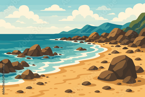 Rocky Coastline Beach Landscape. Scenic Rocky Shore, Ocean Waves, Sandy Beach, Coastal Cliffs, Blue Sky, Modern Flat Vector Illustration. Nature Seascape, Summer Travel, Adventure, Tranquil Scene