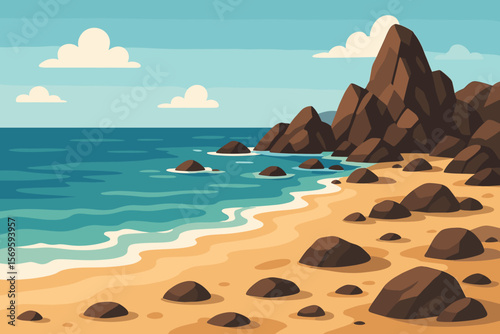 Rocky Beach Shoreline Landscape. Coastal Seaside with Large Rocks, Sand, Ocean Waves, Blue Sky, Clouds. Modern Flat Vector Illustration. Scenic Nature, Tranquil Seascape, Summer Vacation Concept