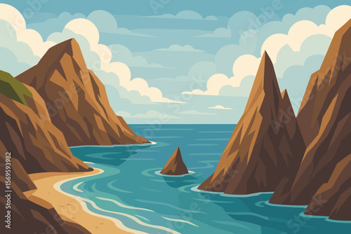 Dramatic Sea Cliffs and Rocky Coastline Vector Illustration. Majestic Ocean Bay, Rugged Mountains, Scenic Beach, Adventure Travel, Nature Landscape, Vacation Destination, Seaside Escape