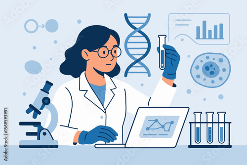 Female Scientist in Laboratory Conducting Genetic Research, DNA Analysis, Gene Therapy, Disease Prevention, Data Analysis, Biotechnology, Medical Innovation, Healthcare Science