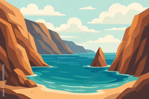 Majestic Ocean Bay with Towering Sea Cliffs, Rocky Coastline, Tranquil Beach, Blue Water, Scenic Landscape, Adventure Travel, Nature Escape, Summer Vacation