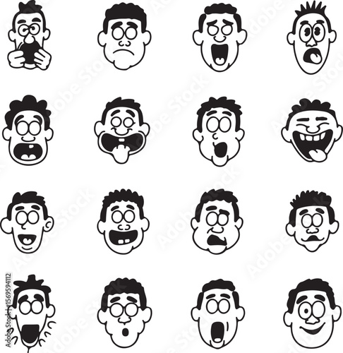 Cartoon faces expressing various emotions and actions black and white expressions