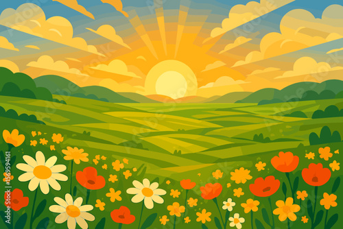 Vibrant Summer Sunrise Over Rolling Green Fields, Blooming Daisies, Wildflowers, Red, Yellow, White Flowers, Scenic Spring Meadow Landscape, Sun Rays, Blue Sky, Nature Panorama