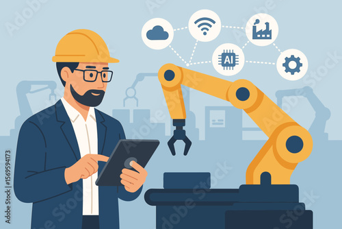 Industrial Engineer Supervising AI Automation, Smart Factory Robot Arm, IoT Network, Cloud Computing, Wireless Control, Industrial Automation, Digital Manufacturing, Tablet Monitoring