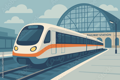 Modern High-Speed Train Arriving at Urban Railway Station, Contemporary Public Transport, Subway or Commuter Train, City Travel, Flat Vector Illustration, Transportation Concept
