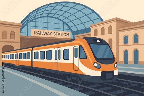 Modern Passenger Train Arriving at Urban Railway Station, Glass Dome Architecture, Subway or Commuter Train, Public Transport, City Transit, Flat Vector Illustration