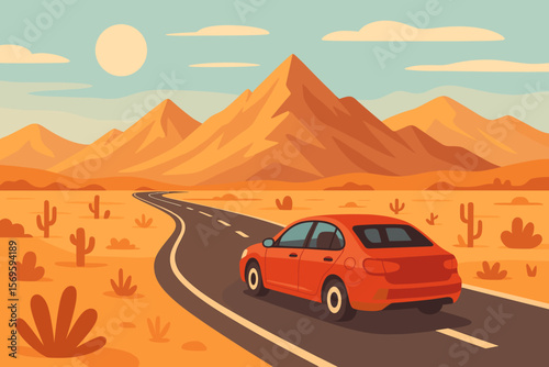 Red Car Driving on Desert Highway, Road Trip Adventure, Mountain Landscape, Cactus, Sunny Day, Flat Vector Illustration, Travel Concept, Scenic Journey, Modern Cartoon Art